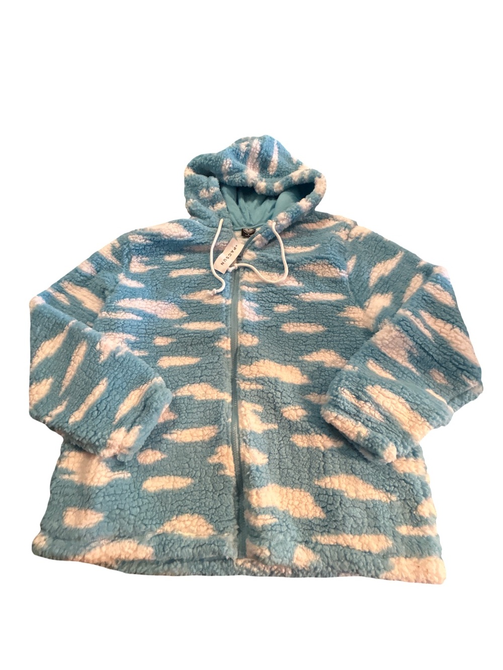 NWT PacSun Blue Cloud Print Full Zip Sherpa Teddy Fleece Hoodie Jacket - Medium